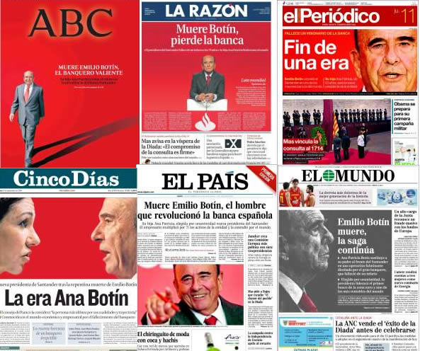 La muerte de Emilio Botín en las portadas de los periódicos